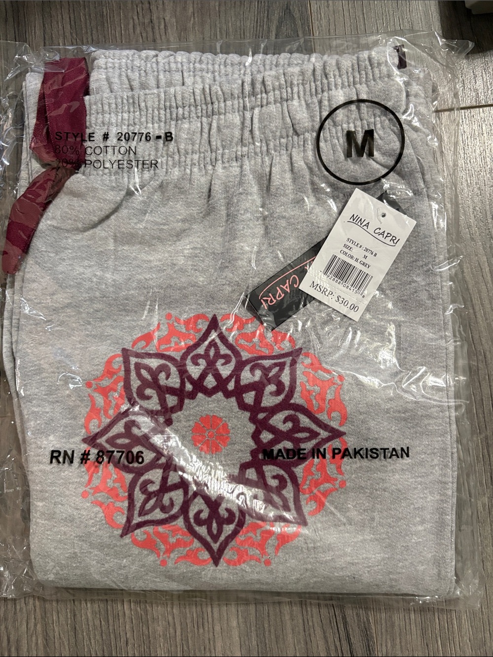 Nina Capri Heather Gray Pants with Coral & Plum Mandala - Picture 7 of 11